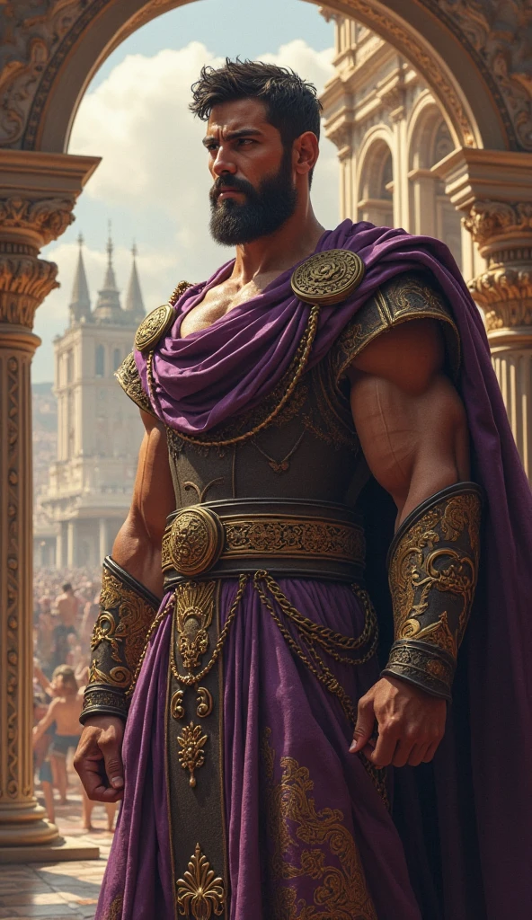 Close-up shot, Low angle shot, (A haunting image of Rome at dusk, with the city’s once-great monuments now fading into the shadows. In the foreground, Caligula , “dressed in a richly adorned purple toga with a golden laurel crown”, stands on a balcony overlooking the city, his face a mix of madness and weariness. The wind blows through his tattered robes, and behind him, Incitatus, “a majestic white stallion draped in luxurious, embroidered robes of purple and gold,” stands silently, a symbol of the absurdity and decay that marked his reign. The background shows the city in decline, with fires burning in the distance and the people in disarray. The overall atmosphere is one of impending doom.) unreal engine, cinematic, hyper-real, highly detailed, Ultra realistic HD --q 2 --v 6.1 --ar 9:16