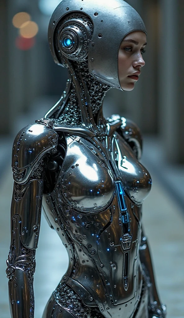 A bald cyborg Emma Watson, with loose wires, metallic skin, hoses, exposed torso, androidperson, mark brooks, david mann, robot brain, made of steel, hyperrealism, post-apocalyptic, mechanical parts, joints, mecha, j_sci-fi