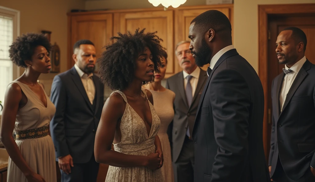 Generate an image of a black young handsome man who has put his hands at the back of a very young beautiful lady with Afro walking into a living room and an older man of about 40 years in the background 