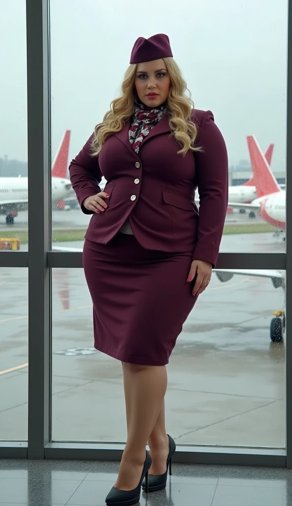 adult beautiful woman, solo, high quality, best quality, highres, high detail, <lora:Outfit_soph-AirEmirates:0.8> st3w4rd3ss, hijab, red headwear, (white:1.1 scarf), (pencil skirt), standing, full body, beige jacket, hourglass figure, contrapposto
