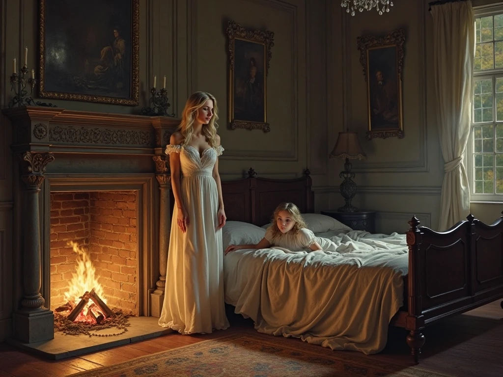 A hyper-realistic、Woman's bedroom at night with a large bed with closed dirty curtains due to a large amount of rotting internal organs, Rotten seafood, Manure and vomit scattered in contaminated, white, murky sewage swirl and flow、The only survivor, a fat girl, 14 years old beautiful white blonde girl, detailed face, smiling, massive belly, wide hips, fat girl, Spit out a large amount of undigested food and internal organs with a smug look on its face, massive pile of shit and bones