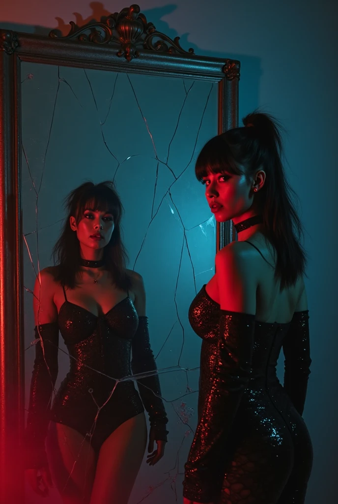 Sexy demonic couple dressed in latex lingerie posing for a photo, purple neon lights, fundo roxo, Darksynth aesthetics, Fashion Aesthetic Fetish, Corpo Perfeito, Sexy Well, demon woman, Gothic fashion, gothic aesthetic, vampire aesthetics.