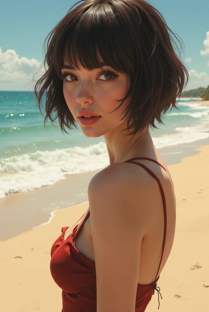 ((best quality, 8k, masterpiece :1.3)), sharp focus :1.2, ((( California woman))). ((big bust:1,5)), very detailed face, very detailed lips, detailed gold eyes, face natural beauty,  Bright pink lipstick. (((short black hair with cat head band)), ((Wearing only a simple black leather crop top )), ((standing near a shore, with a fish shop )), ((White interior))
