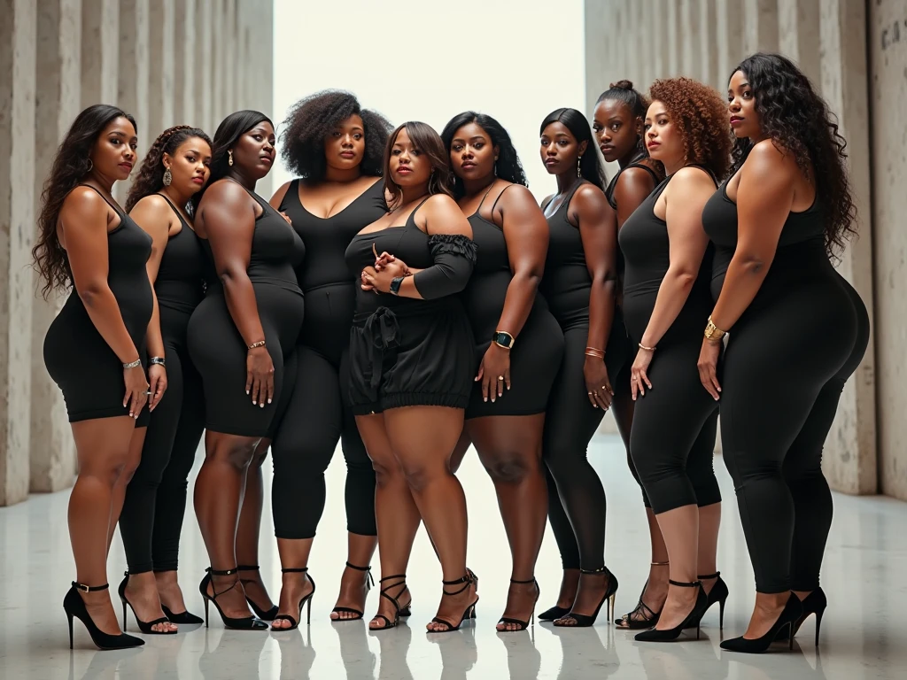 An image of a chubby woman, a skinny dress, one with black skin, white-skinned gold, A chubby man, one skinny, another black skinned, another white skinned and a woman with a moleta