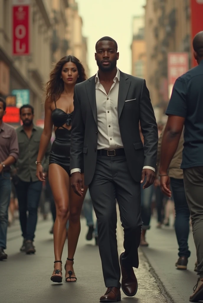 a black man walking down sidewalk with naked black woman with large breast and dog collar around her neck, people walking in background