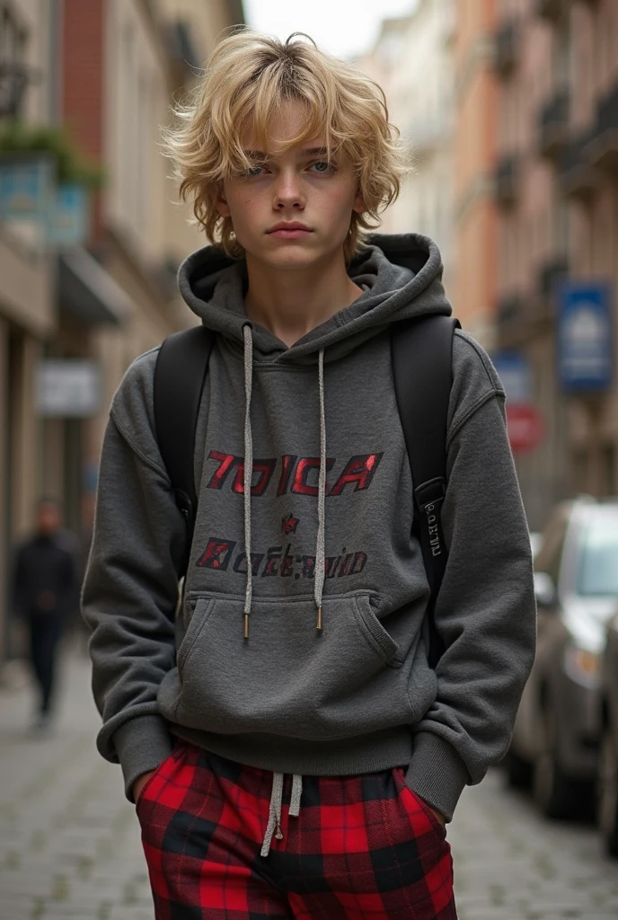 Blonde teen boy wearing shiny puffer jacket with hood