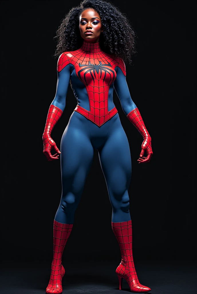 a dark skin curly haired woman in a spider-man costume poses on a rooftop, ( ( spiderwoman ) ), pretty face with makeup, no mask, (busty), professional cosplay, nerdy black girl super hero, alena aenami and artgerm, realistic cosplay, in style of marvel and dc