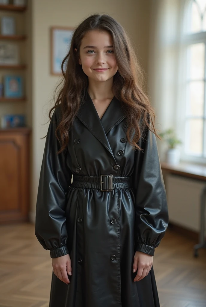 Ùn fillette en robe en cuir avec une paire de menottes dans les mains.