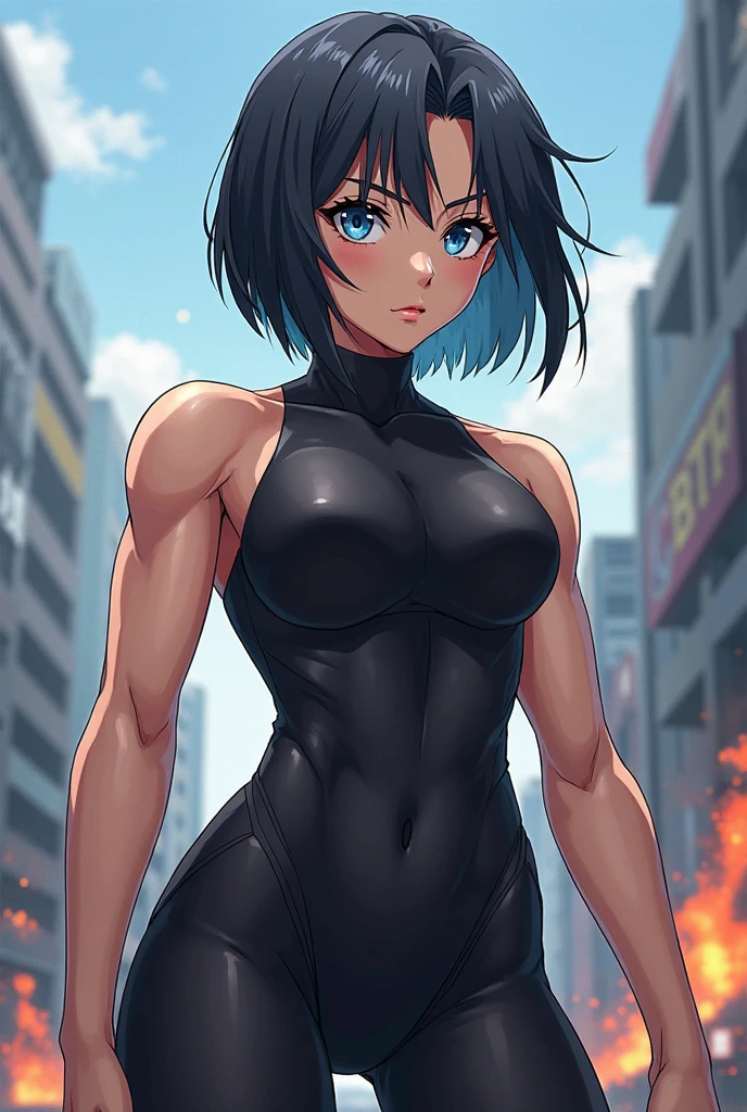 1girl, cabelu curto, cabelo preto, olhos azuis, Garota de anime com tatuagens posando em uma roupa preta em uma cidade, arte digital de anime, garota anime , menina de anime feminino, arte de anime , muscular!, big oppai , Ilya Kuvshinov, badass anime 8 k, arte de anime,