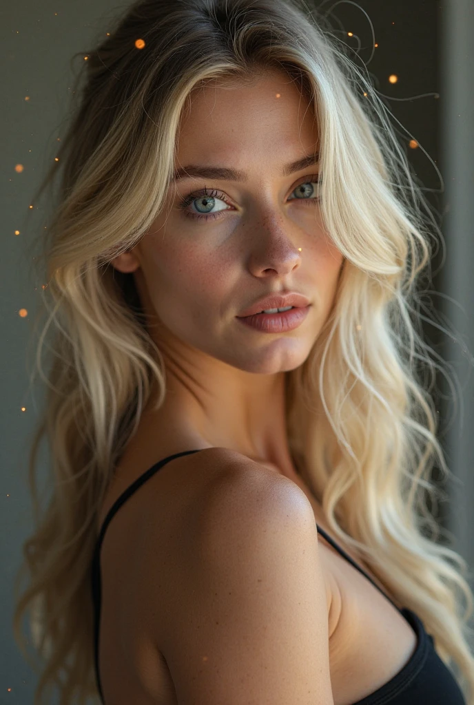 photo of seductive (summrstr0m-135:0.99), a beautiful woman, perfect blonde hair, (modern photo), (Dirt Brown off-sweater shoulder), ((plain Espresso Brownbackground gradient:1.1)), 85mm, (analog, cinematic, film grain:1.3), detailed eyes, painted lips, jewelry, (epicPhoto), (looking at viewer), (cinematic shot:1.3), PA7_Portrait-HL_v2