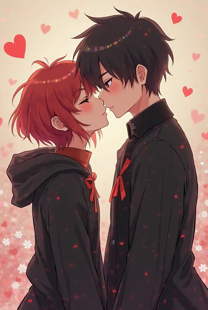 Anime drawing of a male femboy character with red hair and cat ears, wearing a black hoodie and a black skirt with tights, kissing a guy with black hair.