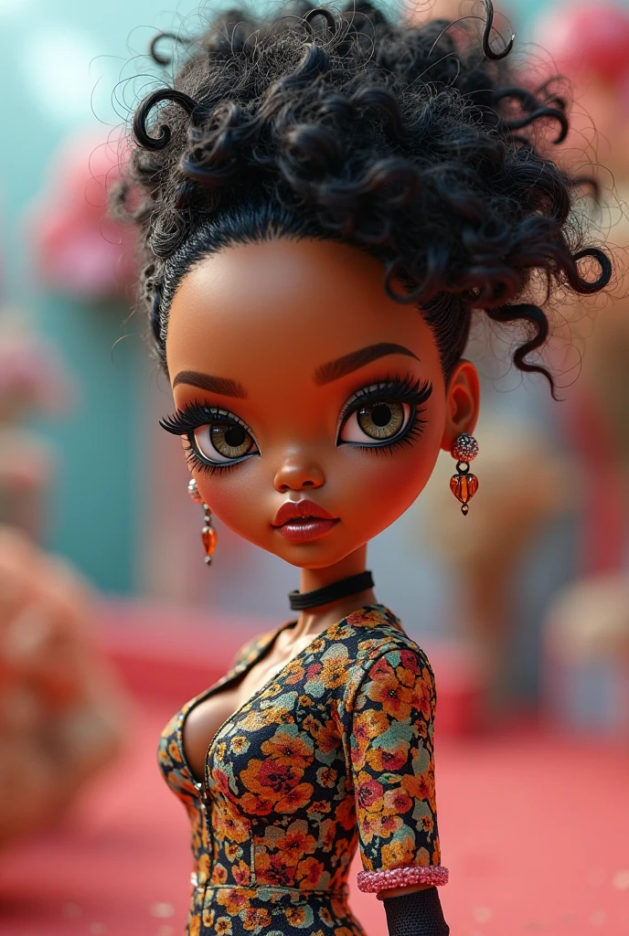 dark-skinned half werewolf has long, curly hair in shades of brown or purple, styled with accessories like ribbons. She has visible wolf ears, gold eyes.
wear skirts and tops that mix synthetic fur.