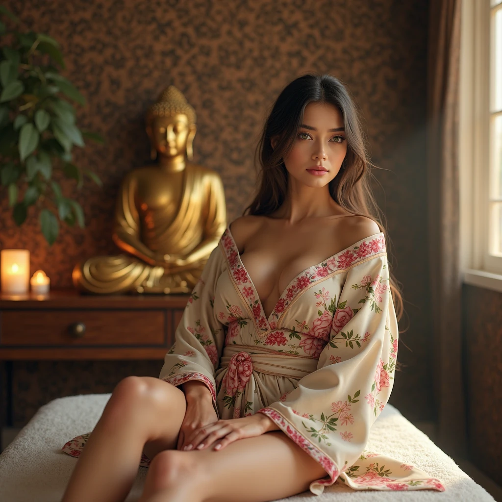Latin woman, 18 years, green eyes in asian kimono showing huge breasts, showing legs, sitting on the massage table, Photo studio, Black background, In the background, a golden statue of Buddha