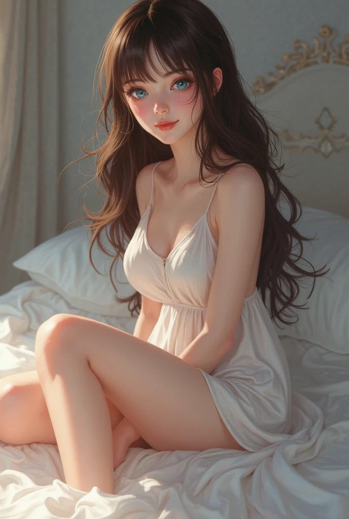 The girl lay on the bed, her hands were half-closed behind her back, her eyes were red, her legs were raised, her skin was white and tender