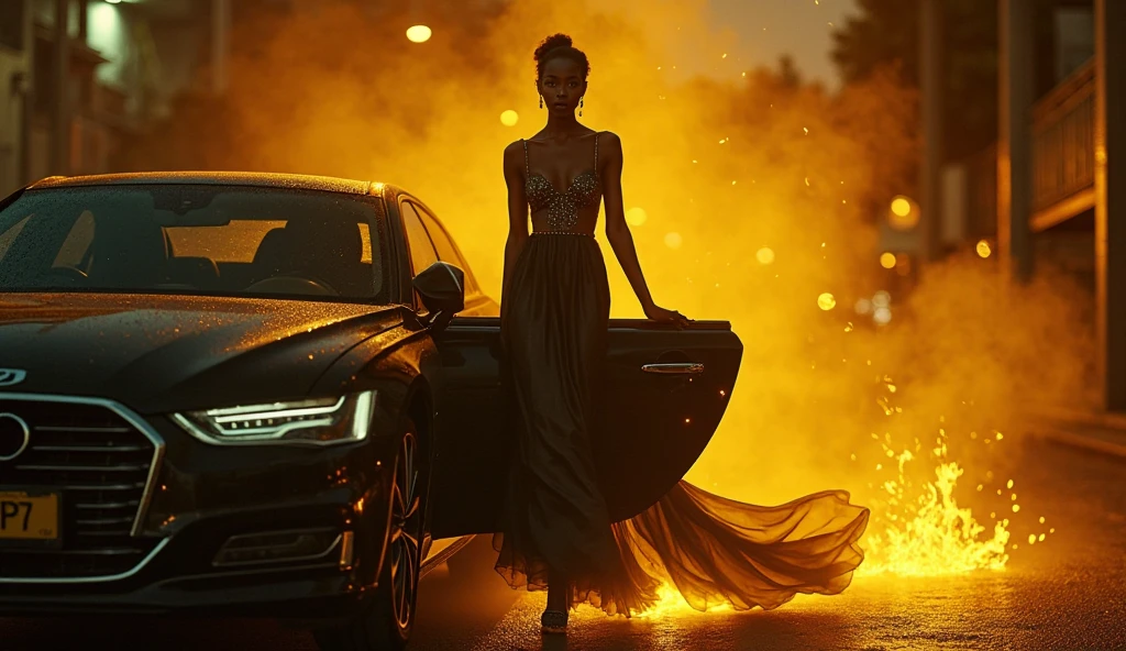 a beautiful woman in a tight black dress standing next to a nissan gtr, extremely detailed, hyperrealistic, 8k, cinematic lighting, dramatic lighting, low angle, photorealistic, chiaroscuro, elegant, alluring, seductive, dramatic, fashion photography