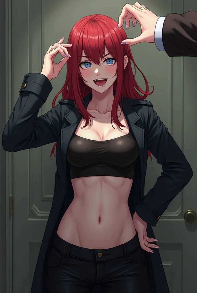 best quality, masterpiece, verapgr_rozen, mole, indoors, black bikini, open jacket, red hair
