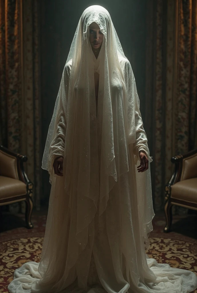 arafed woman in a white veil standing in a dark room, ghostly ghost, ghostly, ghostly figure, ghostly form, spiritual eerie creepy picture, spirits covered in drapery, cloaked woman, ghost, shrouded figure, halloween ghost under a sheet, pale young ghost girl, scary ghost, ghost room, beautiful with eerie vibes