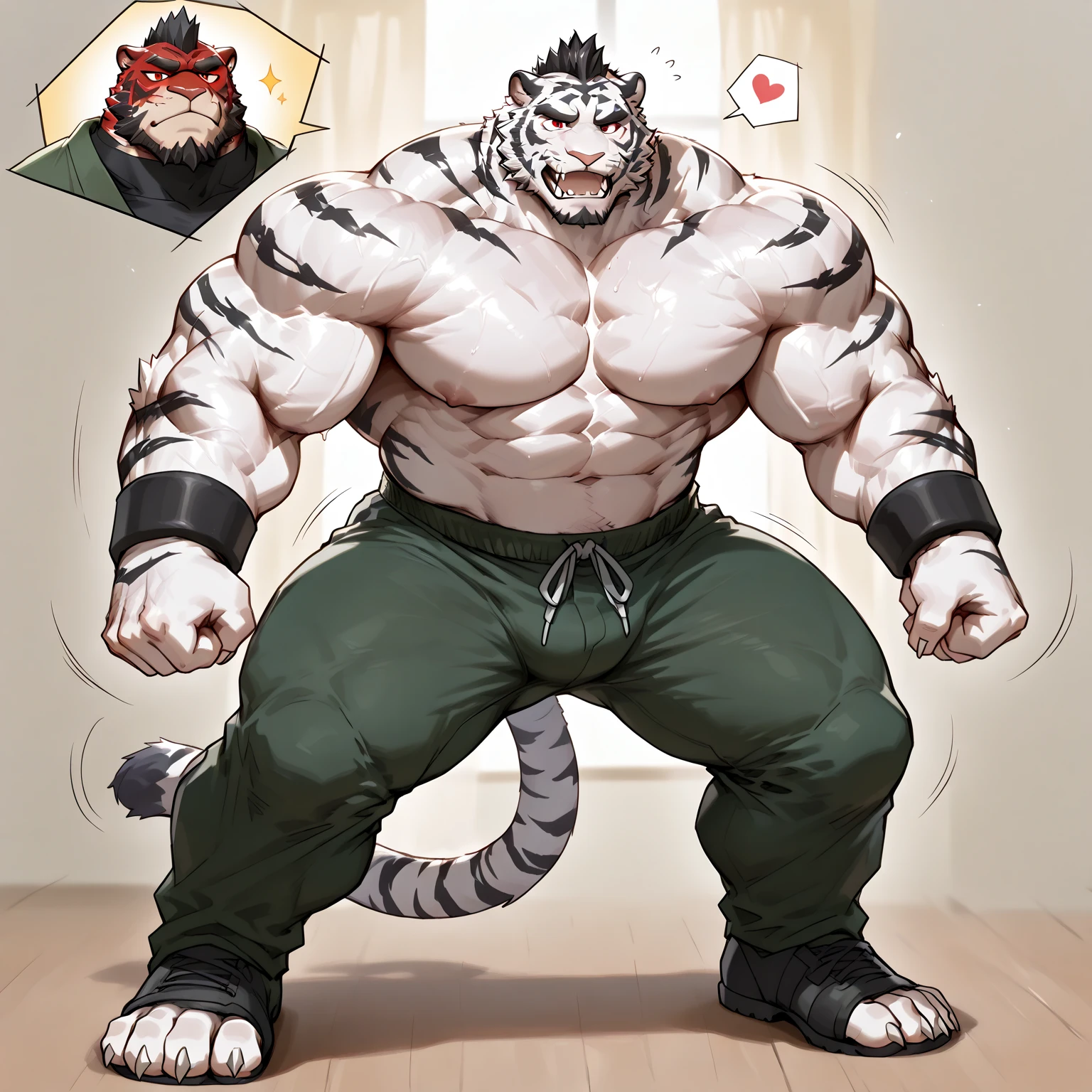 furry character,A very tall and strong tiger,He was bare-chested and wearing a pair of cloth shorts,He was forced to kneel on the ground,His hands were tied behind his back,He show his teeth on his face,He was very angry,(black eyes:1.5),by lindong