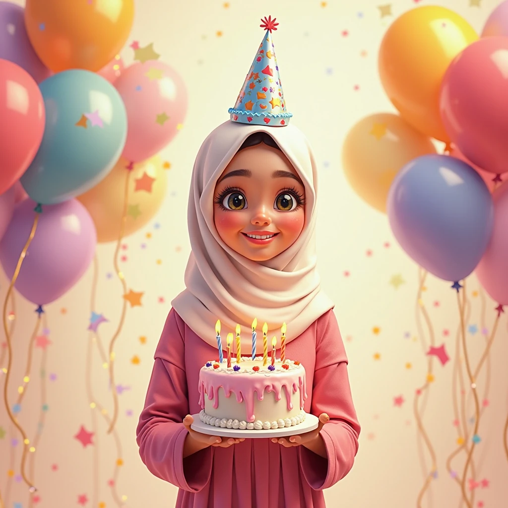 real potrait, full body, long shot, a 3-year-old girl wearing a hijab, Sit down, in front of him is a birthday cake, there are number candles "3", Behind there are birthday party accessories, festive atmosphere, charming bright colors