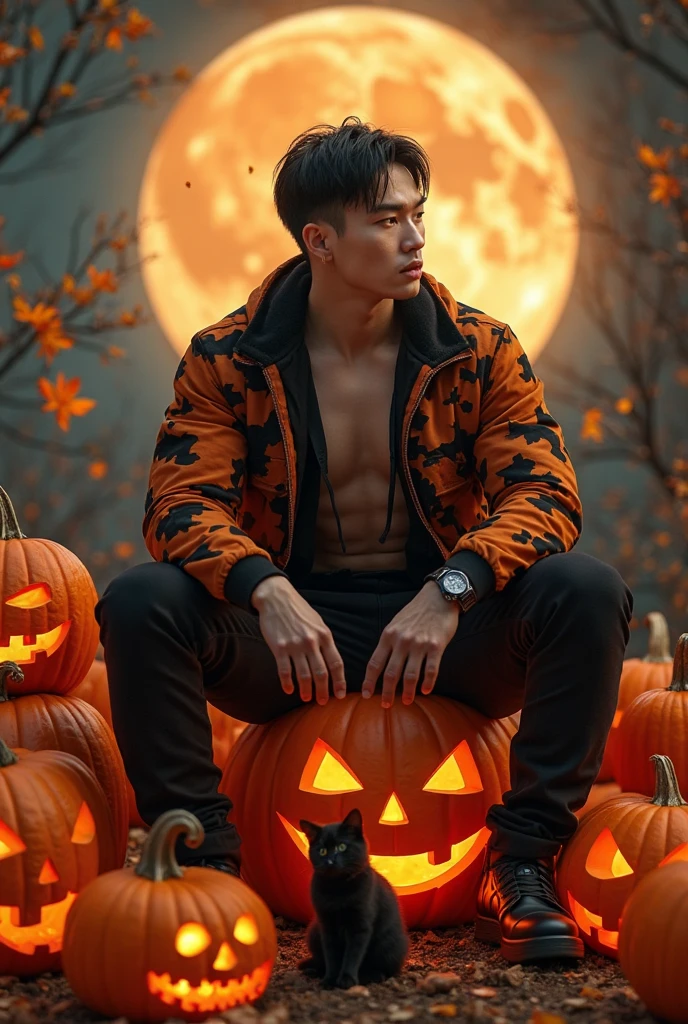 Professional photo of the whole body, (4K Photo: 1.1), (sharp focus: 1.3), high detail, Elegant and muscular man, wears a black micro string thong, big bulge, with a pumpkin that hides his sex held by the man himself, shirtless and muscular, short and brown hair, light blue eyes, is under the awning of a Halloween house, pumpkins on the floor, lit candles, Halloween party, Instagram pattern pose, perfect anatomy, confident and perfect symmetry: 1.2, realistic face, realistic: 1.5, perfect face, content, confident, very detailed and dramatic, cinematic lighting, stage lighting, soft lights