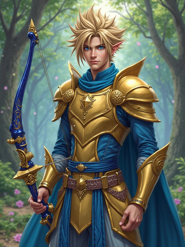 1 boy, a young elf paladin, long blonde hair, fully dressed in golden armor without helmet, fighting posture with sword and shield, in a fantasy village, D&amp;D, masterpiece, best quality, high contrast, soft lighting, backlighting, bloom, light glows, chromatic aberration, smooth, sharp focus