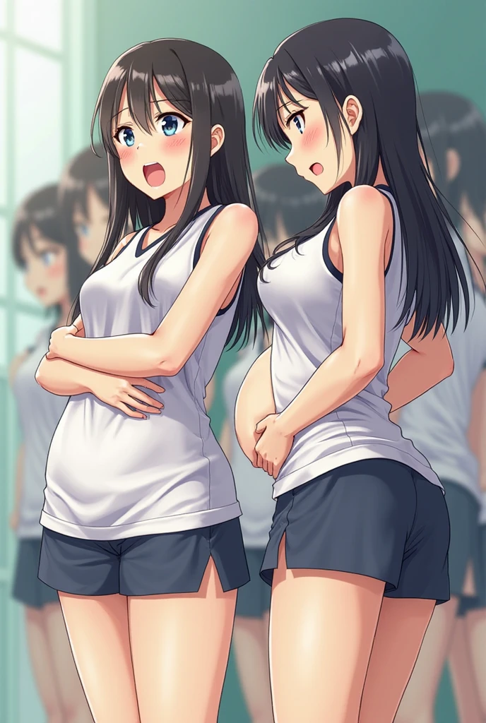 2 Asian girls, both farting side by side, desperate to poop, in gym, farting while working out, stomach growling, wearing yoga pants and exercise clothes, malaysian chinese girl, tomboy, stomach bloated, hands hugging stomach, pained expression, shocked and embarrassed, mouth open in shock, blushing, beautiful and cute face, anime art style, fit body, tall and thin, view from front