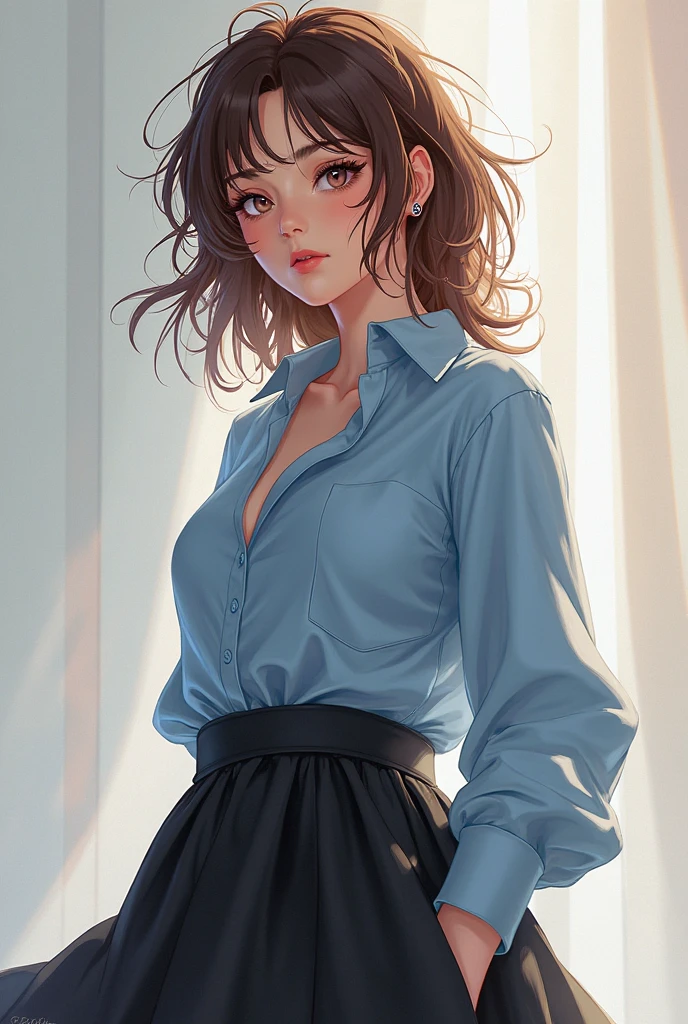 1 mujer with pechos grandes, thin waist, Wide hips, big buttocks, thick legs. with , a white blouse, plaid pleated mini skirt, y tawithes, small and tight thong. from behind. The woman, performs the action of leaning forward, looking at the viewer.