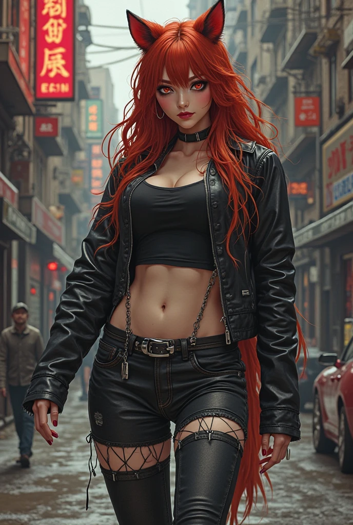 vampire red head american woman as famous Instagram influencer wearing black outfit at night in ruined city looking at viewer, full body photo shoot --auto --s2