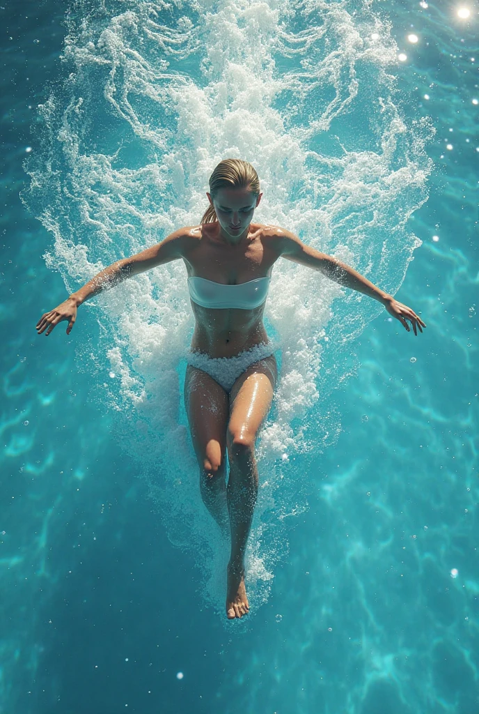 He took a dip in a pool to cool off during a June heatwave,(Close-up of whole head submerged in water.The moment of jumping out of the water)Surrounded by dazzling afternoon light, shadows and water ripples,The whole scene looks lazy and exudes a romantic, relaxed and elegant aesthetic.。