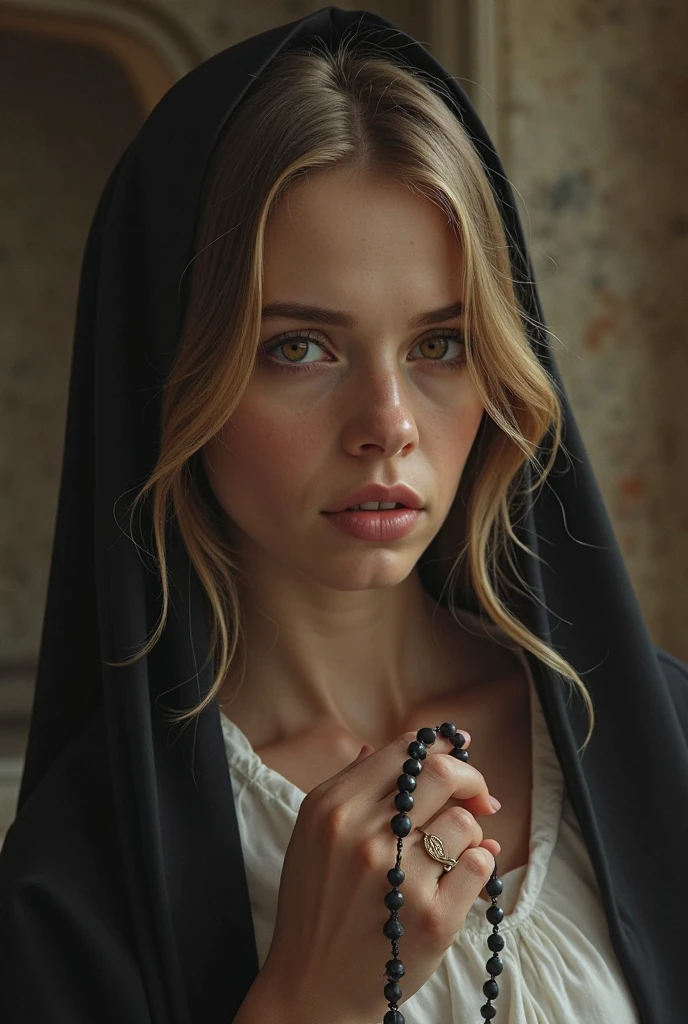 Beautiful blonde with ??????????? dressed as a nun (Sitting in a pew in a dark church),Wearing headphones,Very detailed, 21 years old, Innocent face, Naturally Wavy Hair, blue eyes, High resolution, masterpiece, Highest quality, Intricate details, Very detailed, Clear focus, Delicate skin, practical skin texture, texture, Delicate eyes, Professional, 4K, Sad crying face, Shot with Canon, 85mm, Shallow and deep,  Kodak Vision Color, Exactly, Very detailed, photograph_\(Extremist\), photographpractical, practical, Post-processing, Maximum details, Roughness, Real Life, Extremist practical, Photorealism, photographgraphy, 8K Ultra HD, photographgraphy