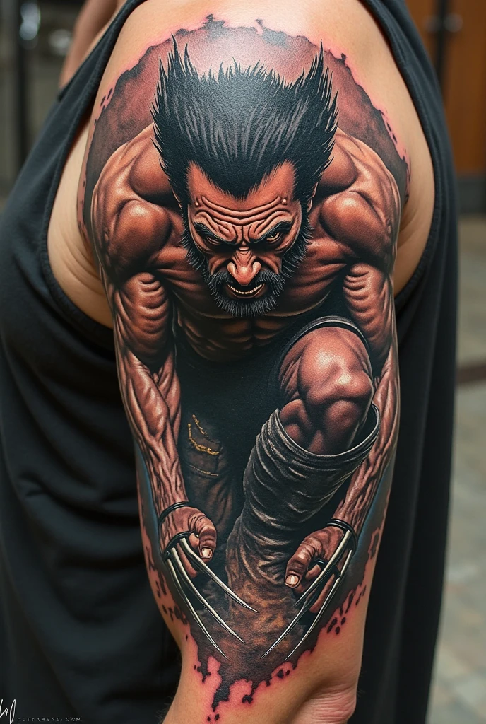 A tattoo that follows the characteristics of the Trash Polka style, in one arm, that it is the one in which Sisyphus is seen rolling the stone uphill, Sisyphus carries the stone in front of him with both arms
