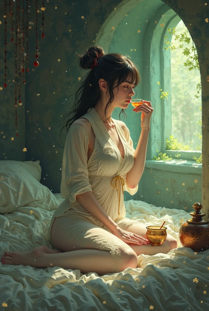 A tranquil morning scene featuring a lovely bohemian woman, adorned in a flowy, floral maxi dress, surrounded by vibrant wildflowers in a lush meadow, with a soft sunbeam highlighting her peaceful smile, as she cradles a warm, fragrant cup of tea