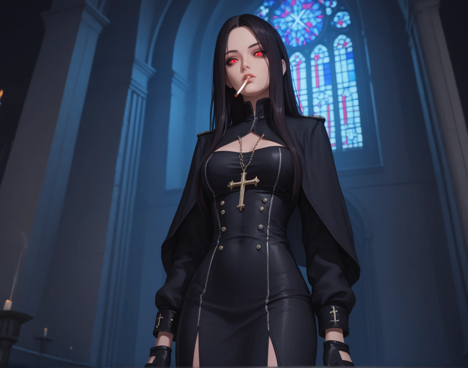 God holy blasphemous androgynous female  prophet selfie portrait in church , collar choker  , latex clothes chained, undressing