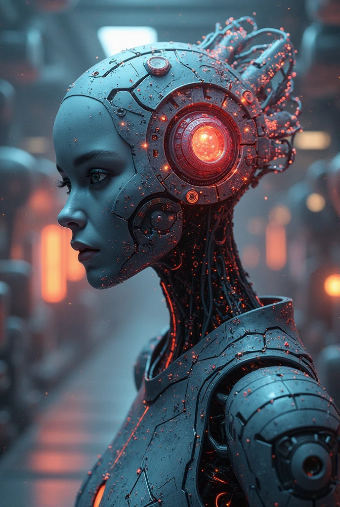(((masterpiece))), (((best quality))), ((ultra-detailed)), (highly detailed CG illustration), ((an extremely delicate and beautiful)),(from side),cinematic light,((1mechanical girl)), Beautiful scandinavian woman, 21 years old, solo,half body, wearing the garter belt 6 strap, ((six strap garter belt)), long eyelashes, beautiful eyes with brightness, ((big cheeks)), (machine made joints:1.2),((machanical limbs)),(blood vessels connected to tubes),(mechanical vertebra attaching to back), Round Ass, scandinavian, ((mechanical cervial attaching to neck)),(sitting),expressionless,(wires and cables attaching to neck:1.2),(wires and cables on head:1.2)(character focus),science fiction,city background, extreme detailed,colorful,highest detailed,(face shadow (extra detailed,best performance)), laser eyes (detailed red))fire in holes of hands), hair over one eye, azure eyes, sharp eyes,(detailed eyes:1.3), In a future where technology has pushed the boundaries of innovation, a groundbreaking invention called ‘Real Mechanical Parts’ has emerged. This revolutionary LoRa (Low Orbit Remote Access) technology offers a seamless integration of cybernetic and robotic enhancements onto a human model, resulting in lifelike images that blur the line between man and machine. It is a world where the distinction between organic and synthetic beings becomes indistinct. ‘Real Mechanical Parts’ allows individuals to surpass their biological limitations and enter a new era of enhanced capabilities. From the precision and strength of robotic limbs to the computational power of cybernetic implants and the sensory enhancements that bridge the gap between human and machine, these mechanical augmentations offer unparalleled possibilities. As society grapples with the ethical implications and societal impact of this groundbreaking technology, an abundance of stories unfold. The narrative explores the personal journeys of those who choose to undergo the transformation, delving into their motivations