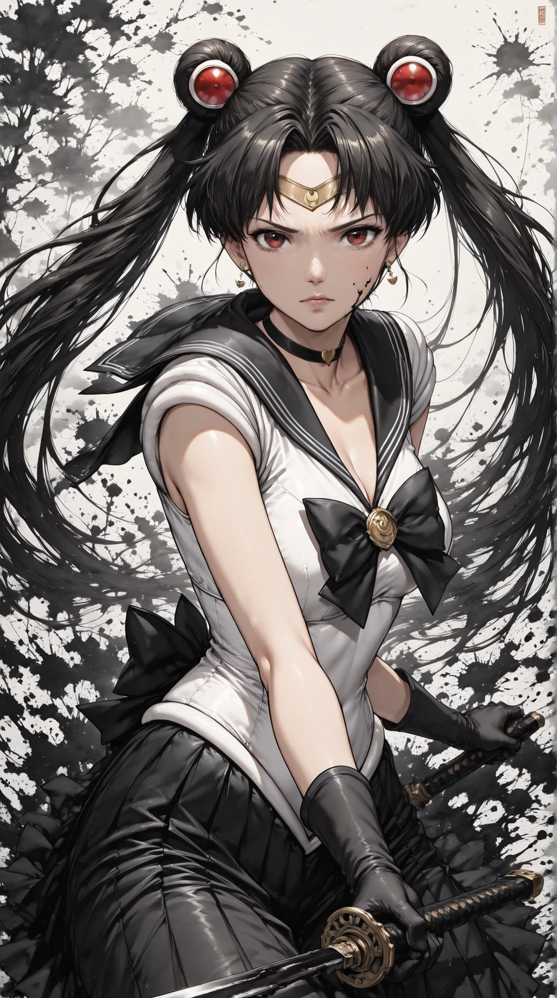 cinematic, (masterpiece), (best quality), (ultra-detailed), very aesthetic, illustration, realistic illustration, perfect composition, intricate details, absurdres, detailed face, (anime, masterpiece, intricate:1.3), (best quality, hires textures, high detail:1.2), (4k),(incredibly detailed:1.4),detailed eyes, realistic shadow,  ink painting style,in a dynamic motion,(the Thema is Bad bunny :1.3),((Sailor Moon)),(brack hair:1.4),brack sailor uniform, no sleeves ,black gloves,serious face, (There are black blood stains on the face:1.2)  ,red eyes,holding a short katana,(background is the moon light in dark forest),watercolor style,motion effect motion blur