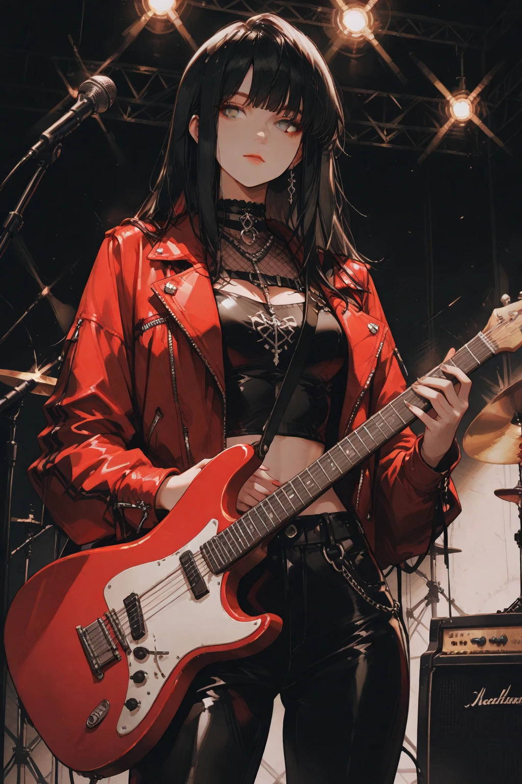 (masterpiece, best quality), 1girl, 16yo, realistic, black dress, red tie, goth, (red panties), ???????, (red electric guitar), standing, vibrant colors, abstract background, lines geometric, night, dark theme, high contrast, deep shadows