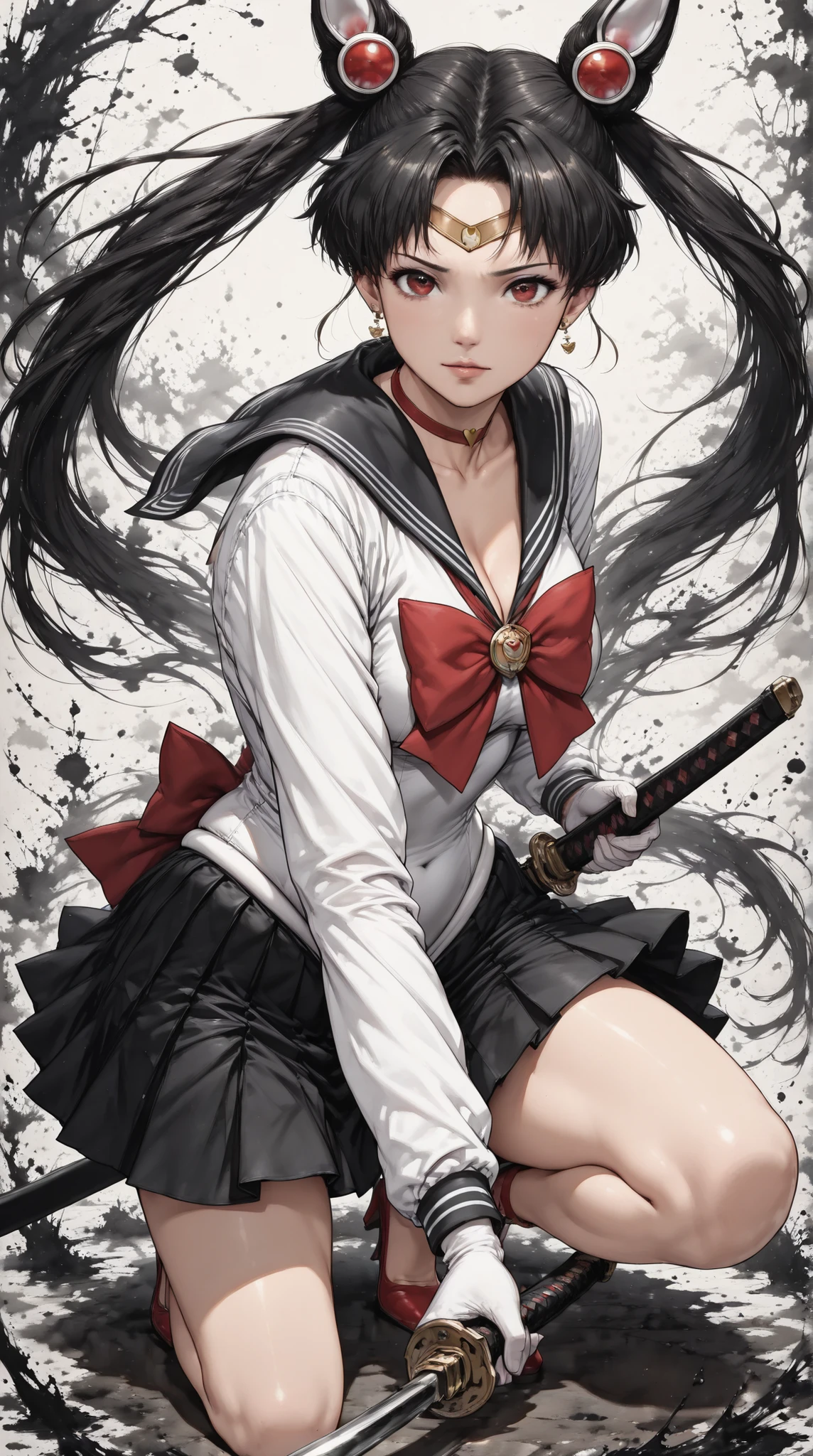 cinematic, (masterpiece), (best quality), (ultra-detailed), very aesthetic, illustration, realistic illustration, perfect composition, intricate details, absurdres, detailed face, (anime, masterpiece, intricate:1.3), (best quality, hires textures, high detail:1.2), (4k),(incredibly detailed:1.4),detailed eyes, realistic shadow,  ink painting style,in a dynamic motion,(the Thema is Bad bunny :1.3),((Sailor Moon)),(brack hair:1.4),brack sailor uniform, cool face,red eyes,holding a katana,(background is the moon light in dark forest),watercolor style,motion effect motion blur
