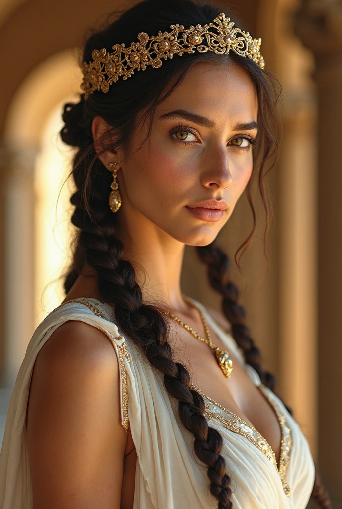 (beautiful greek girl wearing super sexy dress and showing her intimate part, white light eyes, dark hair in braid and gold crown, pearls in their pendants and precious stones, big and striking tits, small waist and big ass)