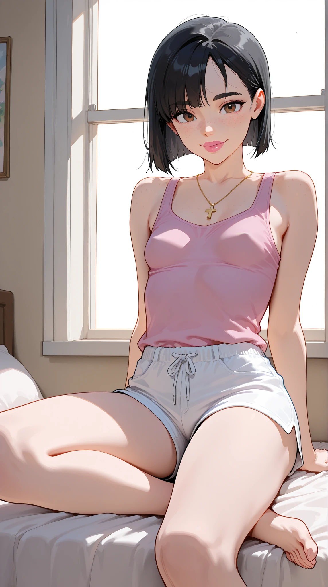 (super flat, flat shading, flat color:1.1)、(magazine cover)、An illustration、(One Asian boyish girl)、(cute:1.2)、Very beautiful  girl manga、cheeks are red、(high detail skin: 1.2)、embarrassed look、Photorealistic anime girl rendering、Realistic anime 3D style、beautiful brown hair、intense black eyes、strong eye highlights、(get used to it、Medium chest)、perfect anatomy、(sweaty)、Pale pink underwear、(wet with water)、spread your legs、head tilt、sit on the sofa、volume lighting、soft light、bright、bright色、watercolor painting、shortcut、hair band、frills、indoor