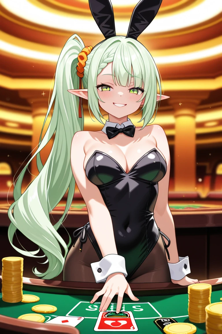best quality, (masterpiece), Solitary, 1 Girl, us_Erindale,Green Eyes, Green Hair, 1 Girl,((Upper Body)),anatomically correct,Standing at the casino,Standard body shape,(Big breasts),wearing evening dress,Solitary, Pointed ears, Elf,angry expression,bad expression,Pout,shy,blush,Stare at this person,Lean forward,looking into camera,Holding chips,Beside the gambling table