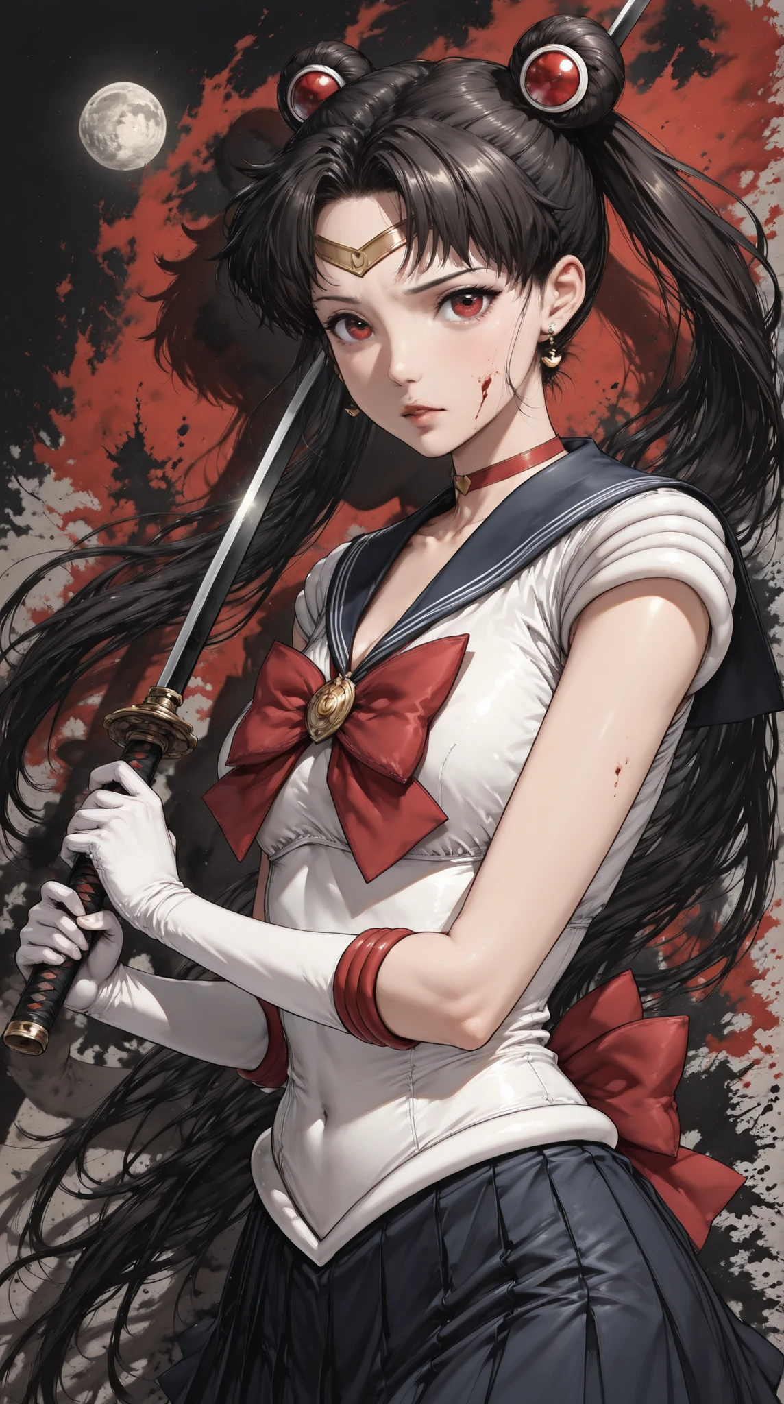 cinematic, (masterpiece), (best quality), (ultra-detailed), very aesthetic, illustration, realistic illustration, perfect composition, intricate details, absurdres, detailed face, (anime, masterpiece, intricate:1.3), (best quality, hires textures, high detail:1.2), (4k),(incredibly detailed:1.4),detailed eyes, realistic shadow,  ink painting style,in a dynamic motion,(the Thema is Bad bunny :1.3),((Sailor Moon)),brack hair,brack sailor uniform, Blood on face,darkred aura,red eyes,holding a katana,(background is the moon light in dark forest),watercolor style,
