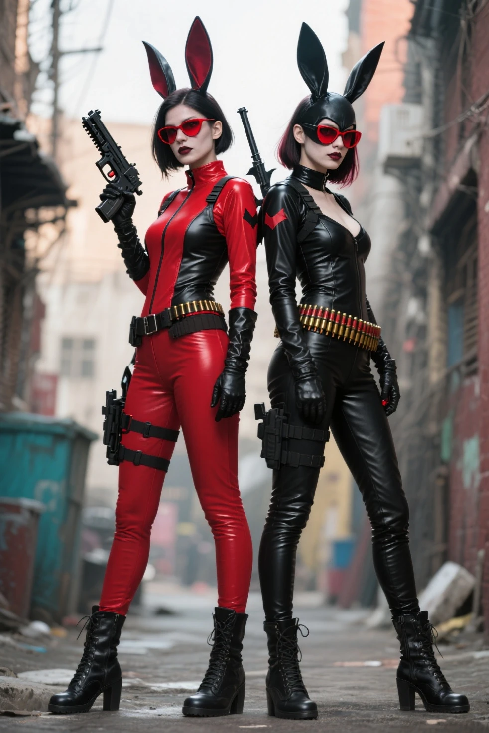 2 gorgeous women with crimson red short hair as Sergeant Calhoun from Wreck It Ralph, sexy, wearing cyberpunk futuristic combat armor, seductive pose,