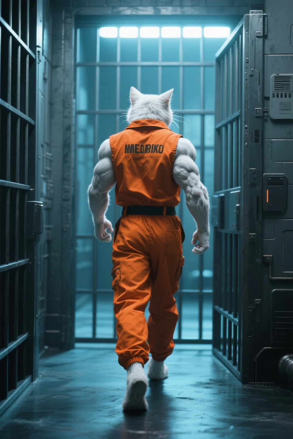 Dilmun cat with huge muscles like bodybuilding champions wearing prison
clothes realistic real