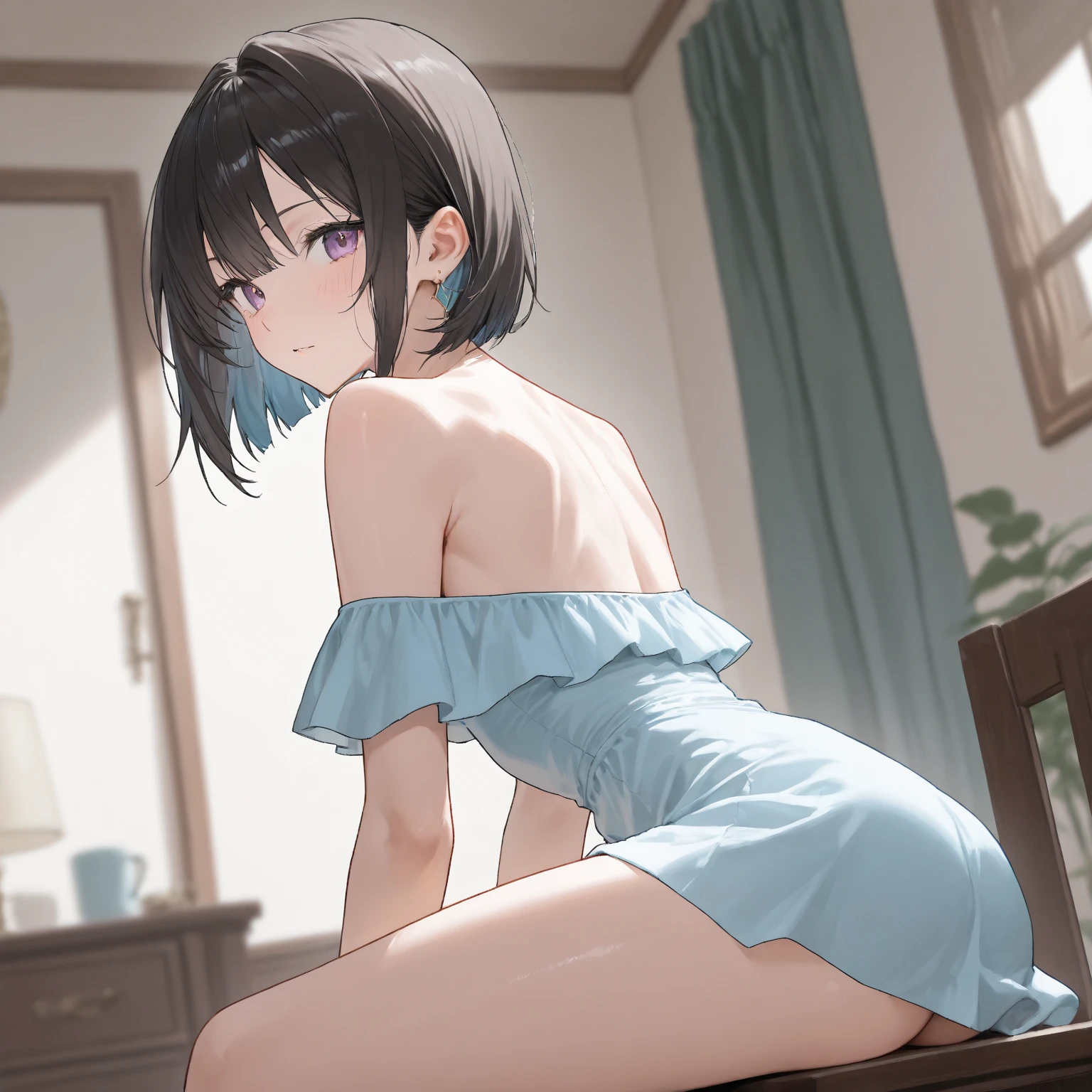 Main Works、high quality、High resolution、One girl, alone, Ruka Sarashina、jewelry、necklace、Black Hairの女性、short hair、Black Hair, Orange Shirt, Black spiral print、socks、Blue panties, barefoot,White Sox, blue eyes, Short sleeve, bow, bow, Blue headband, bangs, Big ample breasts, Medium Waist, Medium Hips, wide thighs, cowboy pictures, smile, Fascinating, Embarrassing, Hotel Rooms, At the bed ,On all fours, Looking at the audience,throw(From below),
