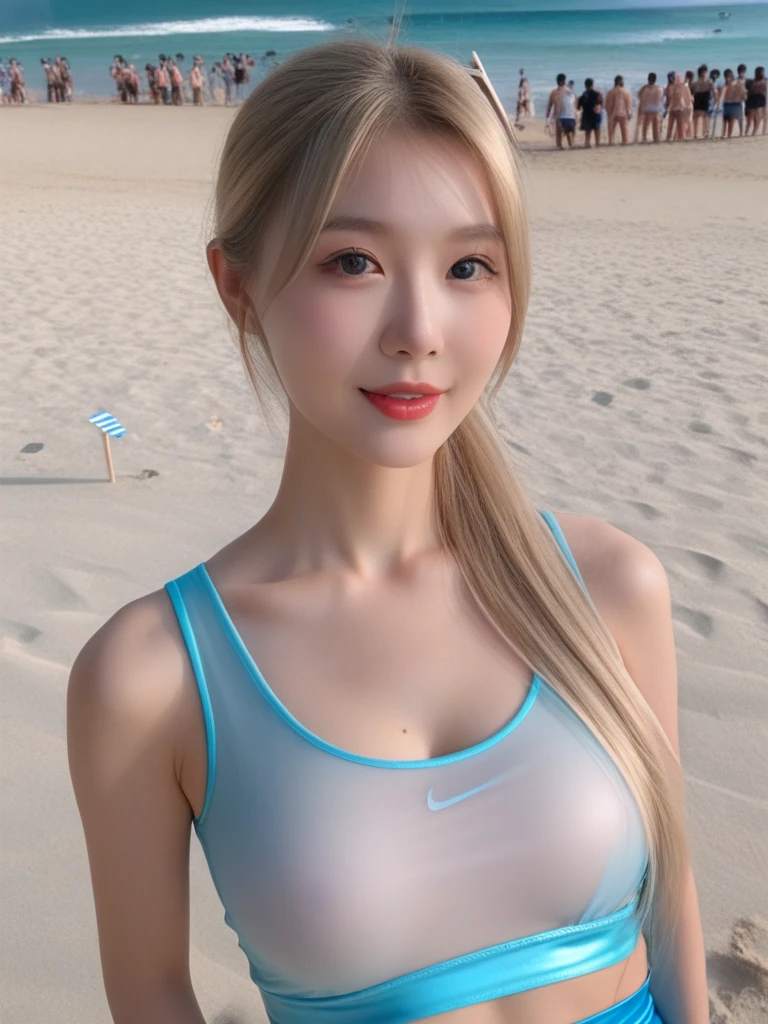730717681 only 1 female, solo, blonde、Shining beautiful skin、big breasts、Outstanding style, T-shirt, beach, Best quality, ultra high res , The upper half of the body, Playful gestures,