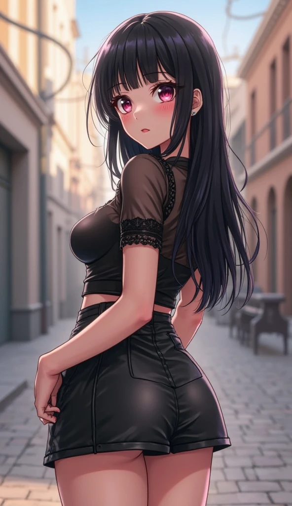 Goth Girl. (((1person))), In Bedroom. Standing. Medium size breasts, Fat Ass, Butt crack, love handles. Black Horns, Medium length hair, Black hair, purple eyes, purple eyeliner. Black T-Shirt. Tight Jeans. punk fashion, sexy confident expression, blushing face. Masterpiece, best quality, minute details, intricate details, sharp focus, perfect eyes, perfects face. Ass Focus. Looking at viewer. Perfect anatomy. Medium Full Shot.