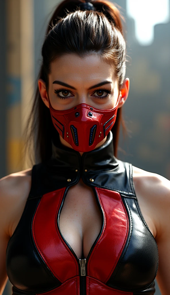 girl with brown hair and green eyes, wearing a red and blue bikini with a spider web pattern and a spider logo on the chest. She has a pair of web shooters on her wrists and a mask that covers half of her face. She is swinging from a web in the city with a playful grin and a camera in her hand. She is Spider-Girl., CGI with clear focus, Photorealistic, high detail, Realistic, Masterpiece, absurdress, Best Quality, HDR, hiquality, hight resolution, Extremely detailed, 8k wallpaper, intricate details, 8K UHD, Full-HD, (foto realista:1.2), Contrast, sharp lighting, Cinematic lighting, natural lighting, hard light, Backlighting, Global Illumination, Environment Occlusion