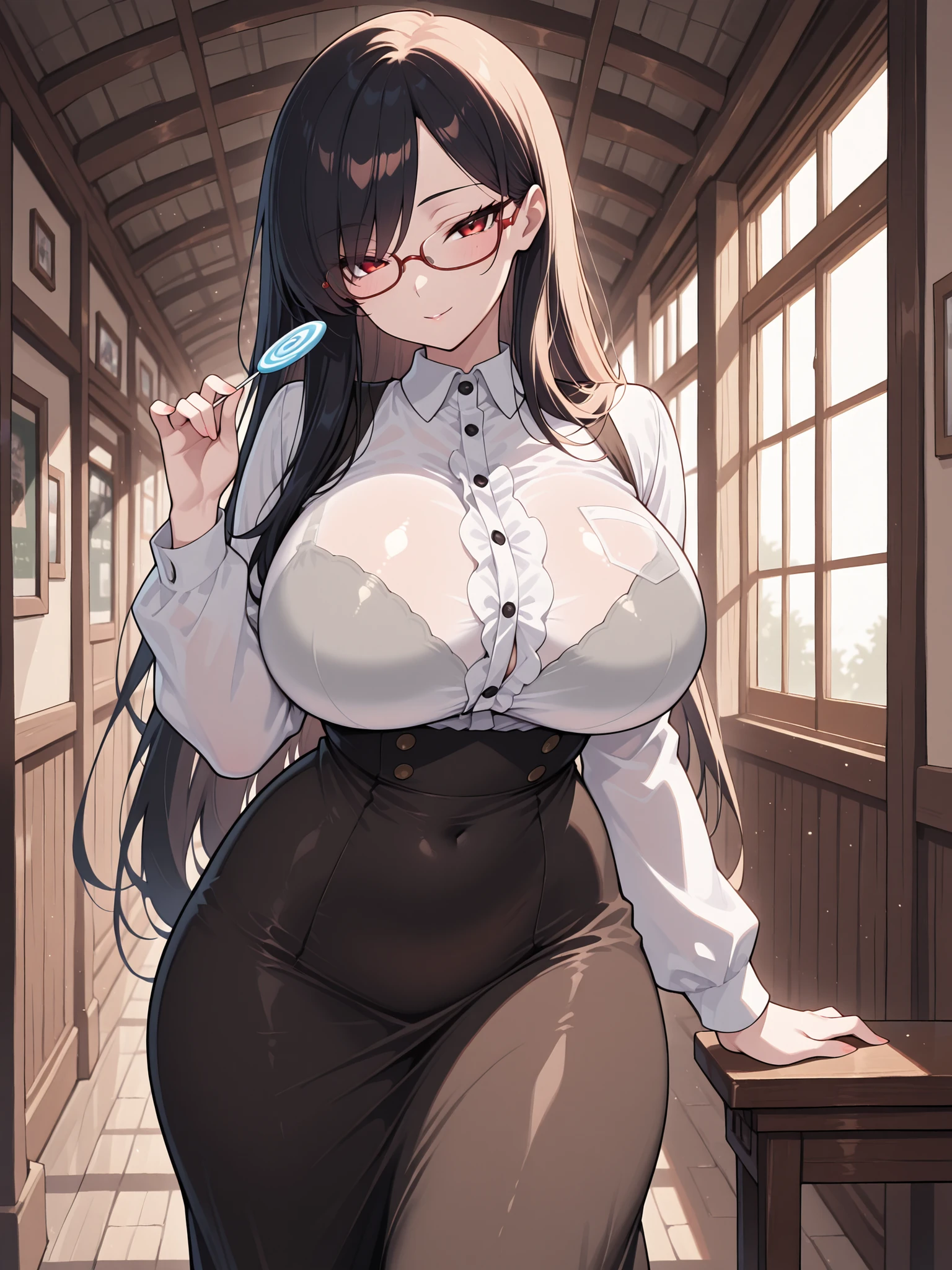 ((1 Woman, with a white mini blouse with Bhutan, with a black mini skirt with Bhutan, with white panties)),((brown hair)),((shallow eyes, with glasses, with a cute smile)), ((big breasts,((standing, facing the viewer, wooden mural with papers pinned up, a wooden table with books and paper on top