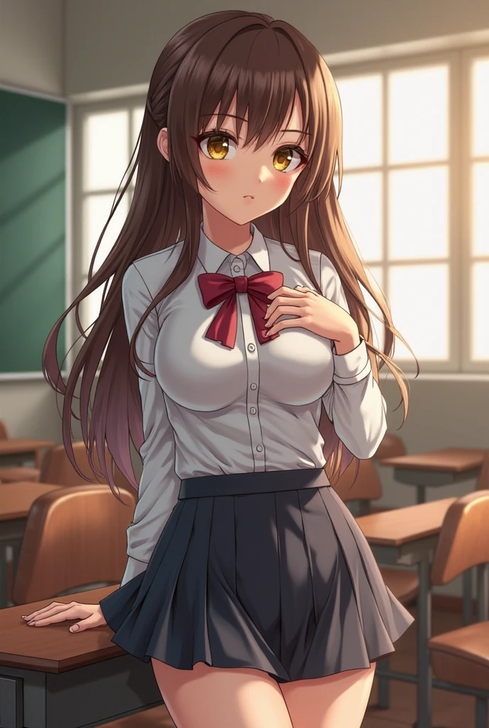 masterpiece, highest quality, anime, very detailed, 1 girl, alone, , Are standing, classroom, Monica, green eyes, brown hair, very long hair, ponytail, hair ribbon, white ribbon, 、very short dark blue skirt,、barefoot、facing the viewer directly、lightly dressed、big breasts that are firm、uniform、
