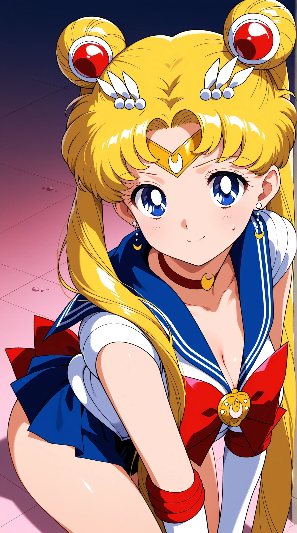 (masterpiece, best quality, very aesthetic, ultra detailed), intricate details, 4k, aausagi, long hair, double bun, twintails, parted bangs, tiara, earrings, blue eyes, red choker, blue sailor collar, red bow, elbow gloves, white gloves, smile, shushing, leaning forward, upper body, finger to mouth, bare shoulders, straddling, straddling viewer, masterpiece, 1girl, HDR, UHD, 4K, ocean, island, outdoors, bright sky, sunny, clear sky, white bikini, two piece bikini, thong panties, white thong, big breasts, cleavage, slim waist, slim stomach, slim, underboob, nice thighs, nice ass, big ass, cameltoe, full frame, upper body in frame, cowboy shot, portrait